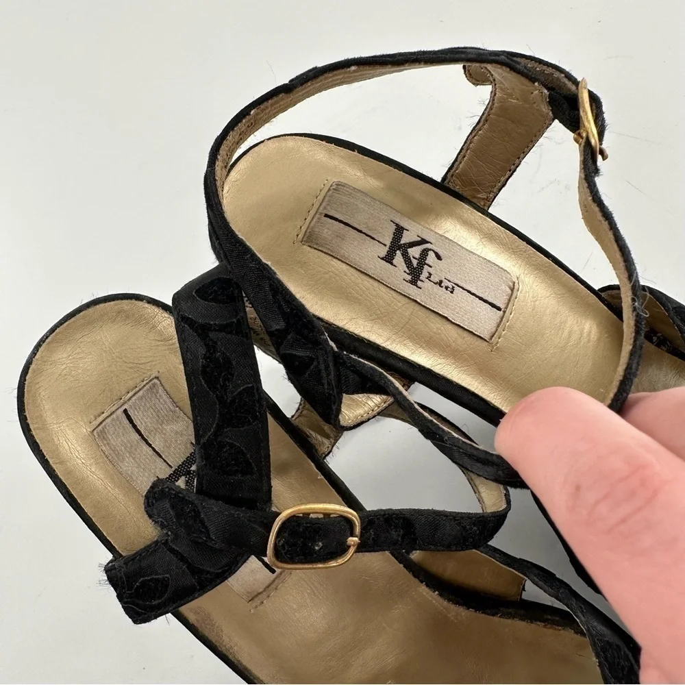 KF LTD womens heels size 10 black velvet floral chunky platforms 90s goth Y2k